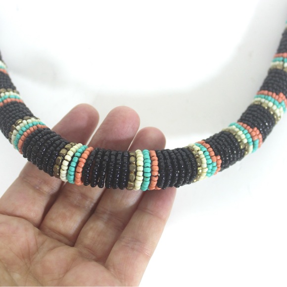 Vintage African Style Thick Beaded Necklace Black Pink Brass Gold - Picture 6 of 8